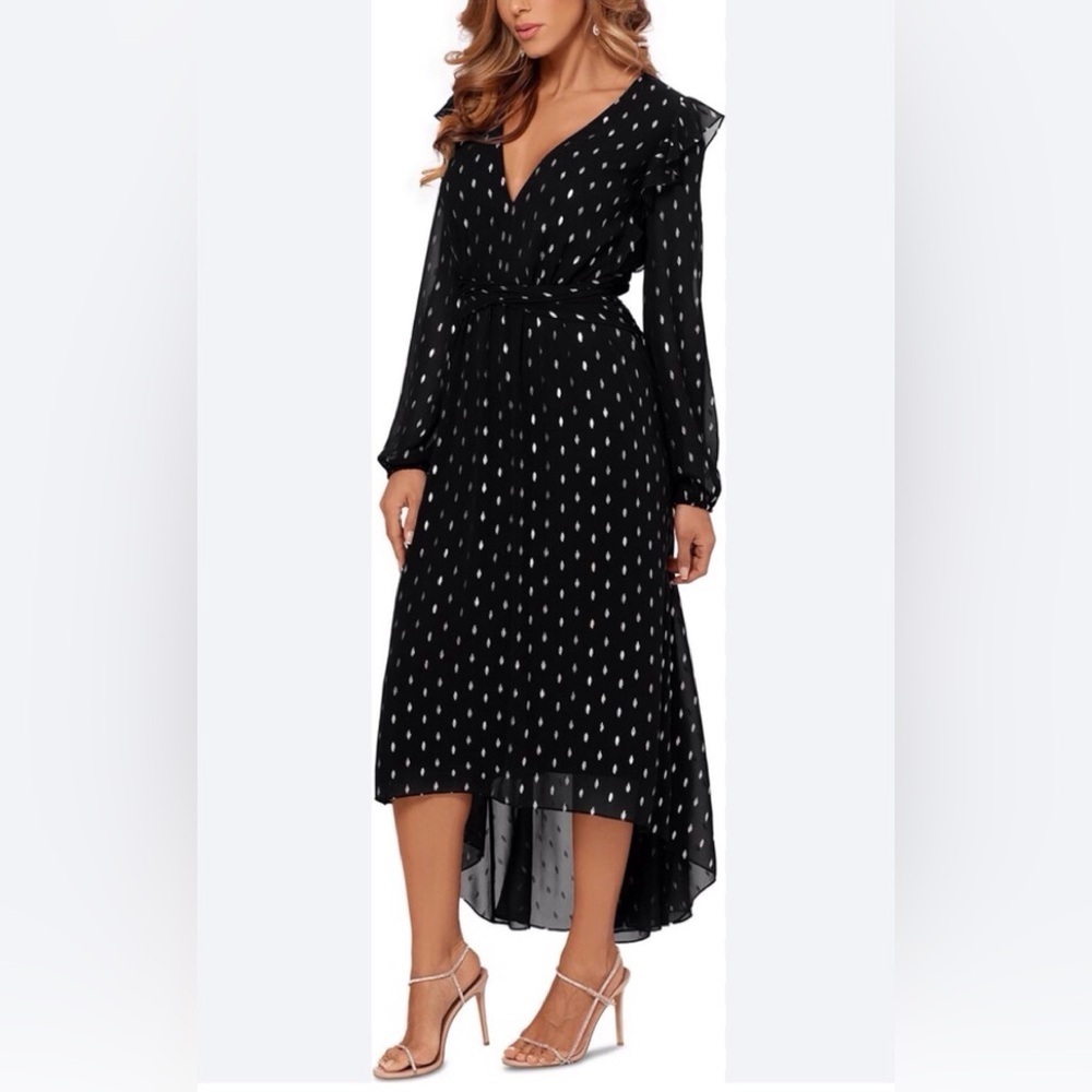 NWT! Betsy & Adam Black and White Long Sleeve Chiffon Hi Low Dress Size 6
